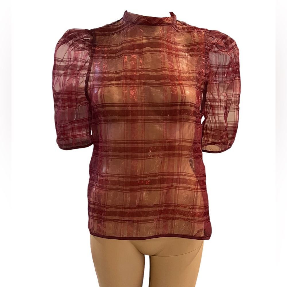 Style Mafia Sheer Puff Short Sleeve Mesh Plaid
